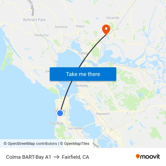 Colma BART-Bay A1 to Fairfield, CA map