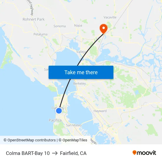 Colma BART-Bay 10 to Fairfield, CA map
