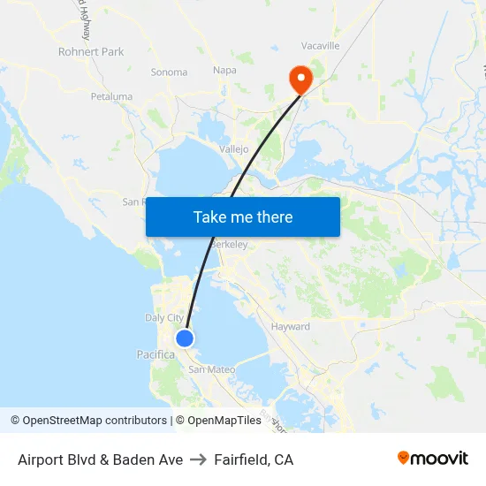 Airport Blvd & Baden Ave to Fairfield, CA map