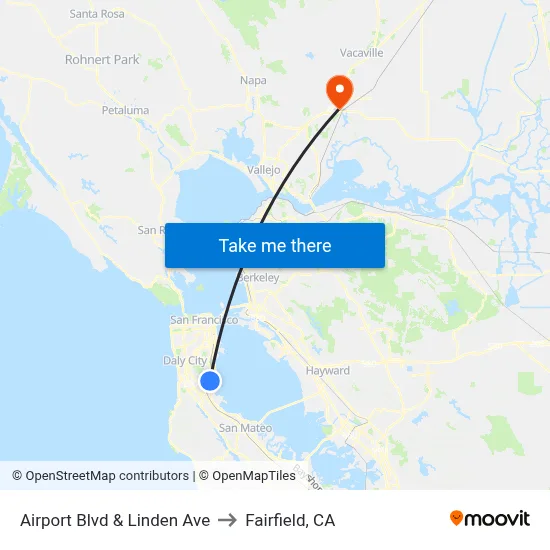 Airport Blvd & Linden Ave to Fairfield, CA map