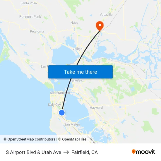 S Airport Blvd & Utah Ave to Fairfield, CA map