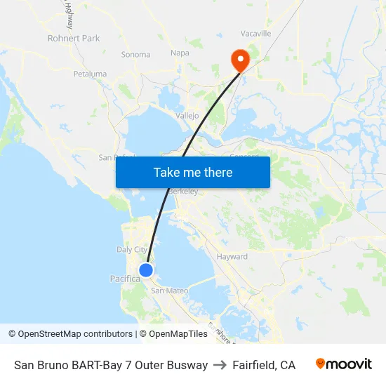 San Bruno BART-Bay 7 Outer Busway to Fairfield, CA map