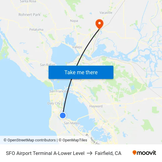 SFO Airport Terminal A-Lower Level to Fairfield, CA map