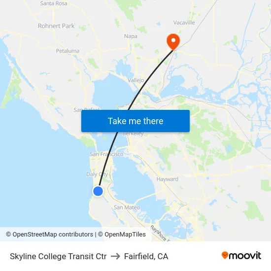 Skyline College Transit Ctr to Fairfield, CA map