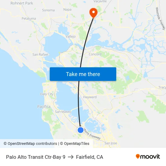 Palo Alto Transit Ctr-Bay 9 to Fairfield, CA map