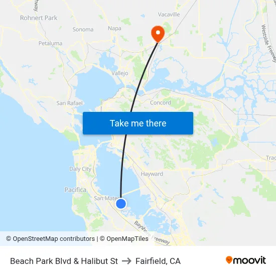 Beach Park Blvd & Halibut St to Fairfield, CA map