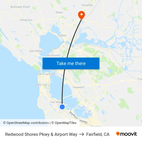 Redwood Shores Pkwy & Airport Way to Fairfield, CA map