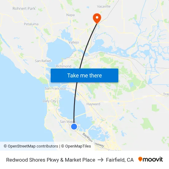Redwood Shores Pkwy & Market Place to Fairfield, CA map