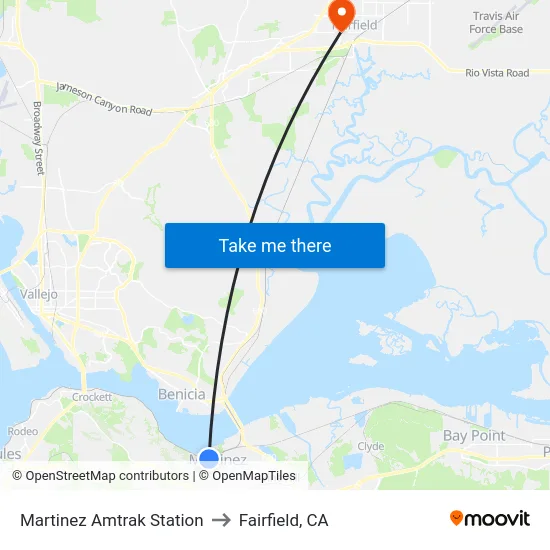 Martinez Amtrak Station to Fairfield, CA map