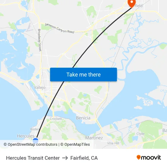 Hercules Transit Center to Fairfield, CA map