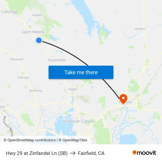 Hwy 29 at Zinfandel Ln (SB) to Fairfield, CA map