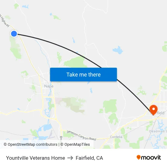 Yountville Veterans Home to Fairfield, CA map