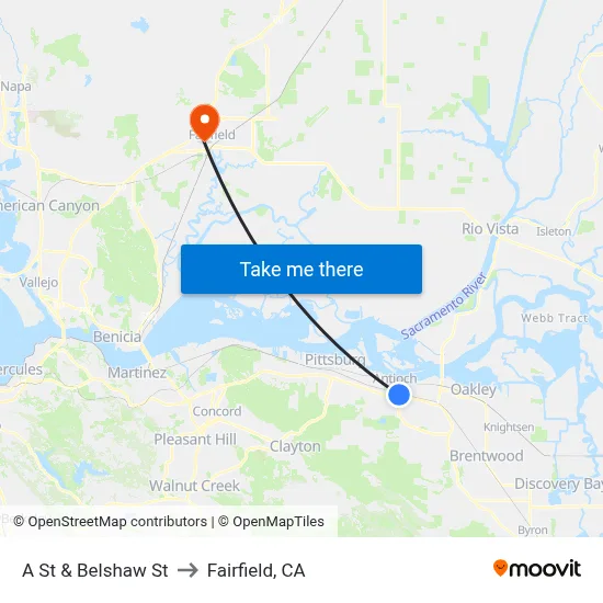 A St & Belshaw St to Fairfield, CA map