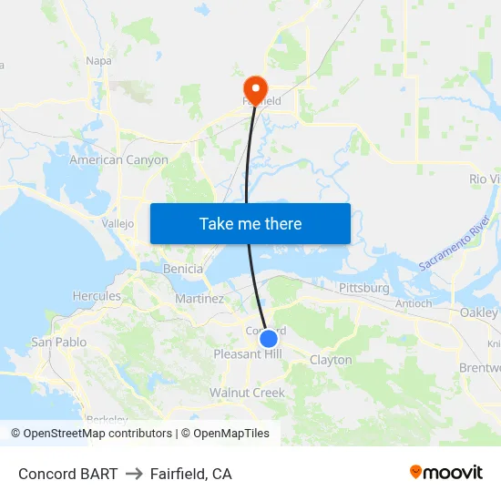 Concord BART to Fairfield, CA map