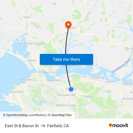 East St & Bacon St to Fairfield, CA map