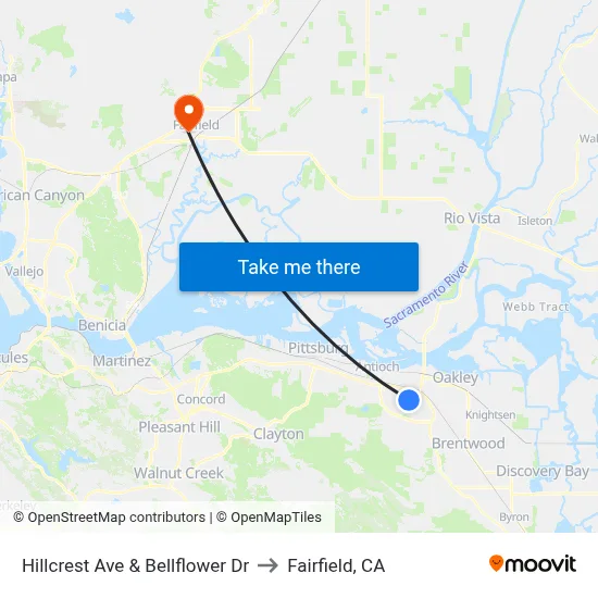 Hillcrest Ave & Bellflower Dr to Fairfield, CA map