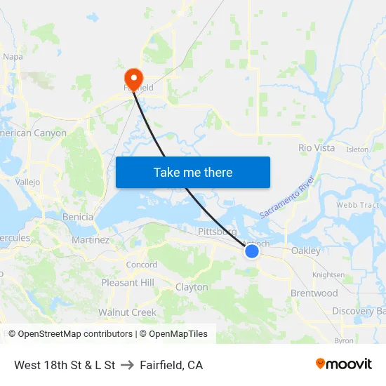 West 18th St & L St to Fairfield, CA map