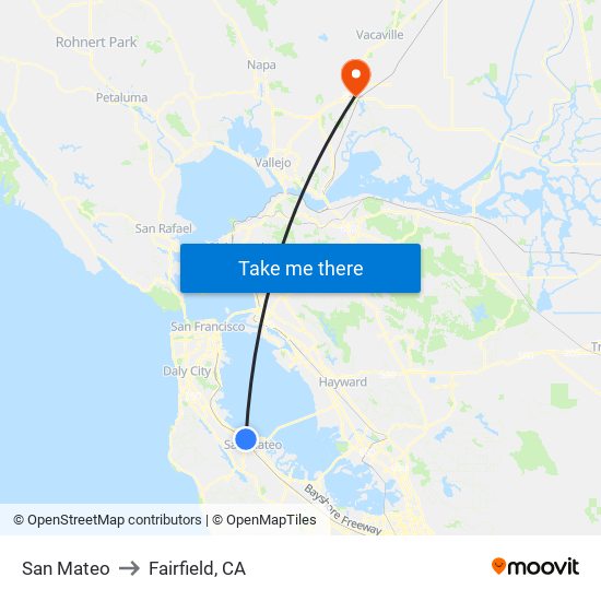 San Mateo to Fairfield, CA map