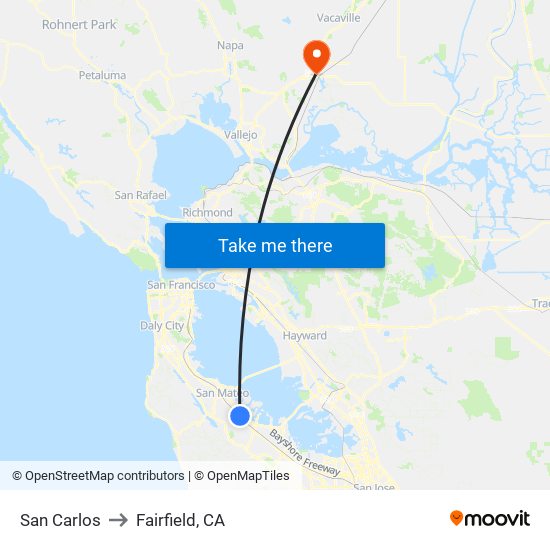 San Carlos to Fairfield, CA map