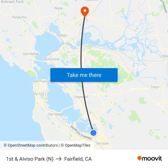 1st & Alviso Park (N) to Fairfield, CA map