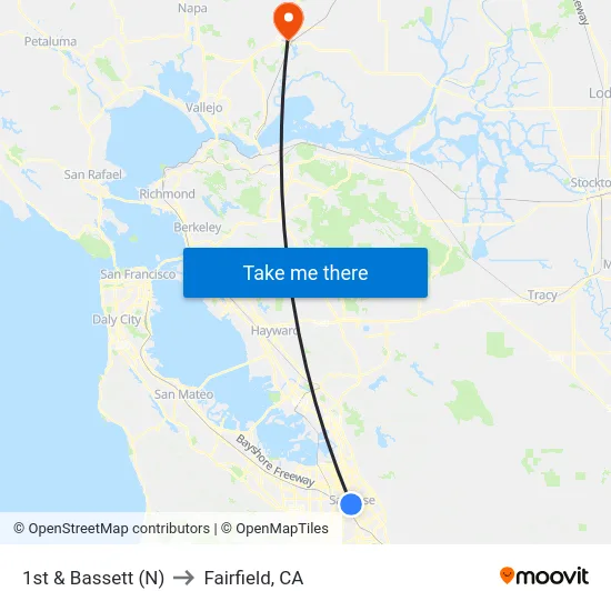 1st & Bassett (N) to Fairfield, CA map