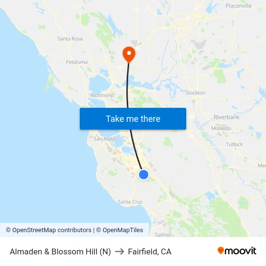 Almaden & Blossom Hill (N) to Fairfield, CA map