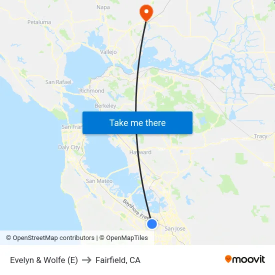 Evelyn & Wolfe (E) to Fairfield, CA map