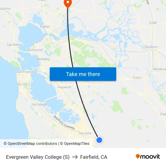 Evergreen Valley College (S) to Fairfield, CA map