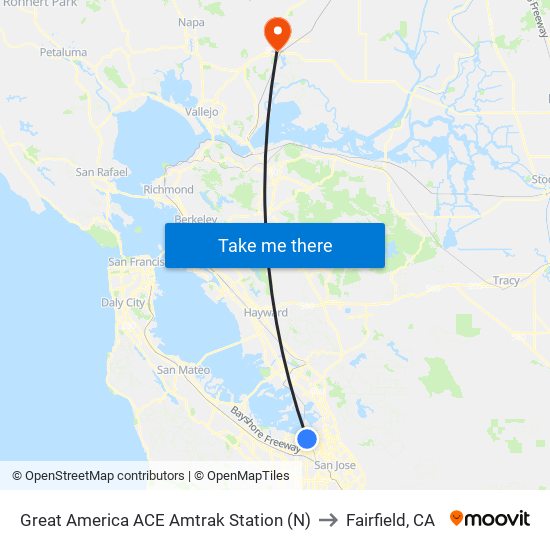 Great America ACE Amtrak Station (N) to Fairfield, CA map