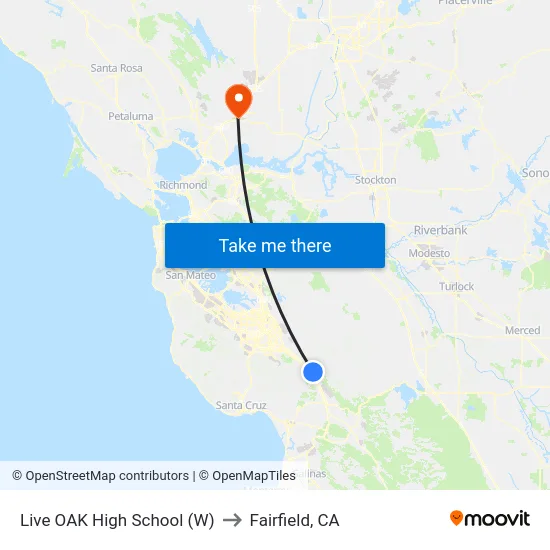 Live OAK High School (W) to Fairfield, CA map