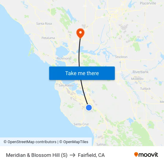 Meridian & Blossom Hill (S) to Fairfield, CA map