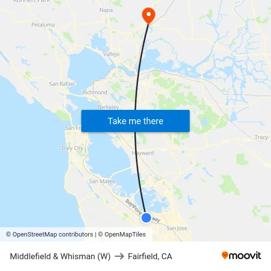 Middlefield & Whisman (W) to Fairfield, CA map