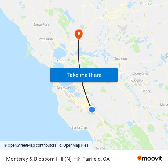 Monterey & Blossom Hill (N) to Fairfield, CA map