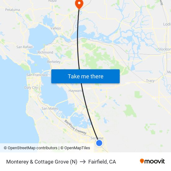 Monterey & Cottage Grove (N) to Fairfield, CA map