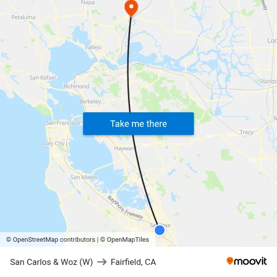 San Carlos & Woz (W) to Fairfield, CA map