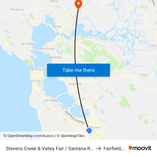 Stevens Creek & Valley Fair / Santana Row (W) to Fairfield, CA map