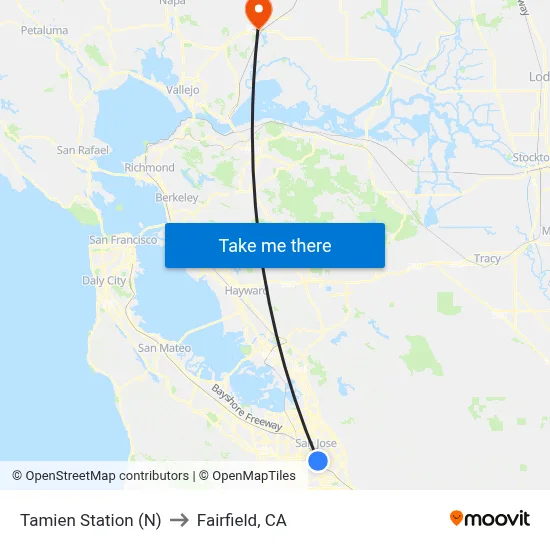 Tamien Station (N) to Fairfield, CA map
