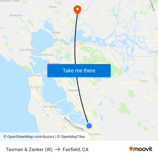 Tasman & Zanker (W) to Fairfield, CA map
