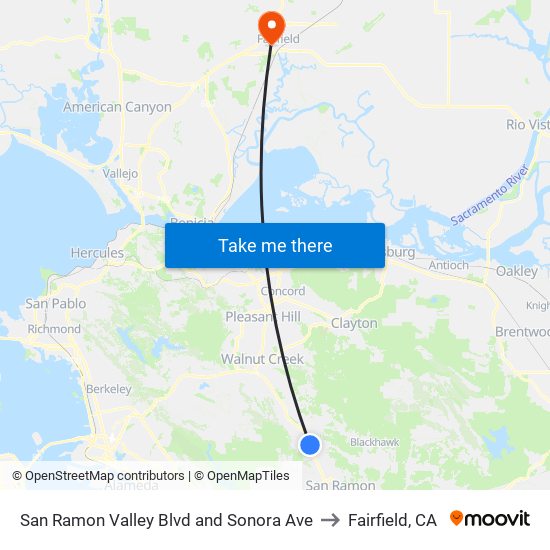 San Ramon Valley Blvd and Sonora Ave to Fairfield, CA map