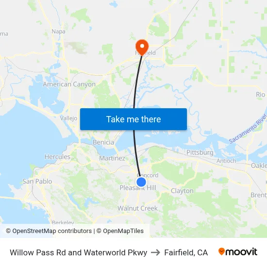 Willow Pass Rd and Waterworld Pkwy to Fairfield, CA map