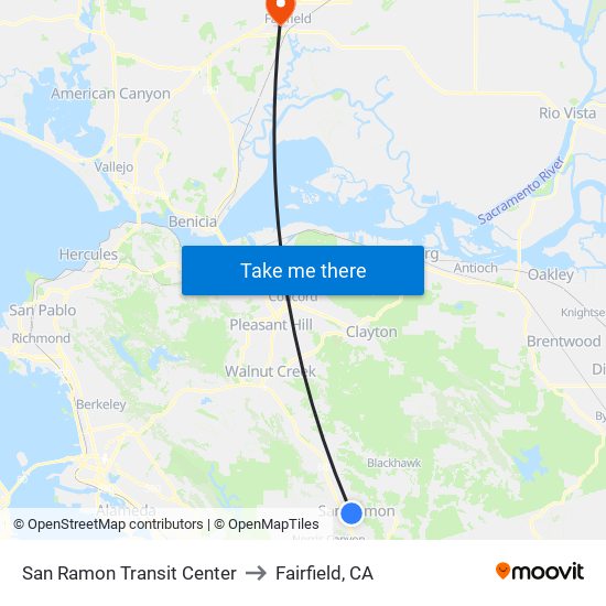 San Ramon Transit Center to Fairfield, CA map