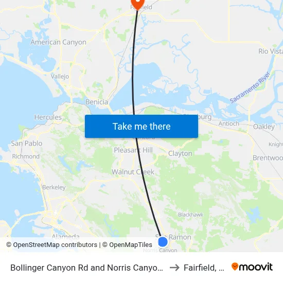 Bollinger Canyon Rd and Norris Canyon Rd to Fairfield, CA map
