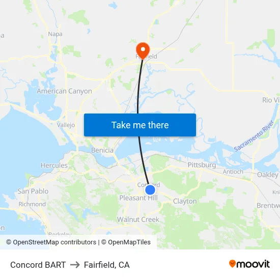 Concord BART to Fairfield, CA map