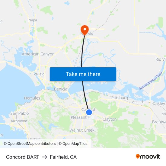 Concord BART to Fairfield, CA map