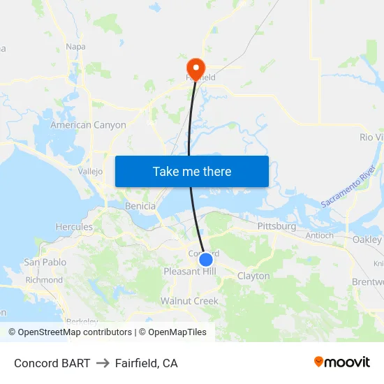 Concord BART to Fairfield, CA map