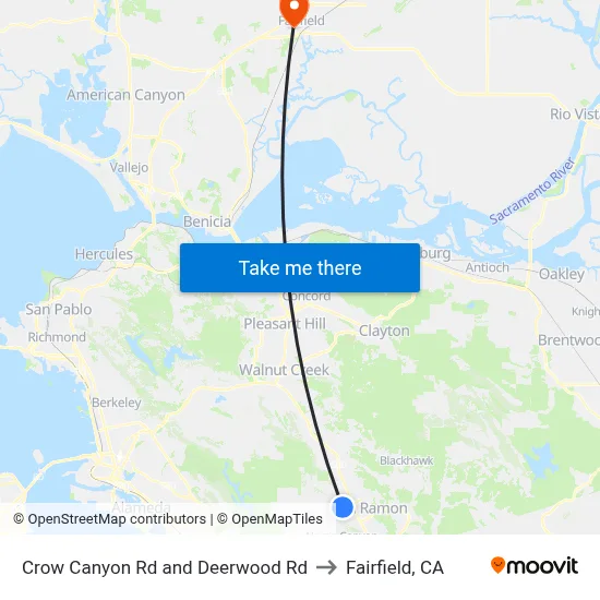 Crow Canyon Rd and Deerwood Rd to Fairfield, CA map