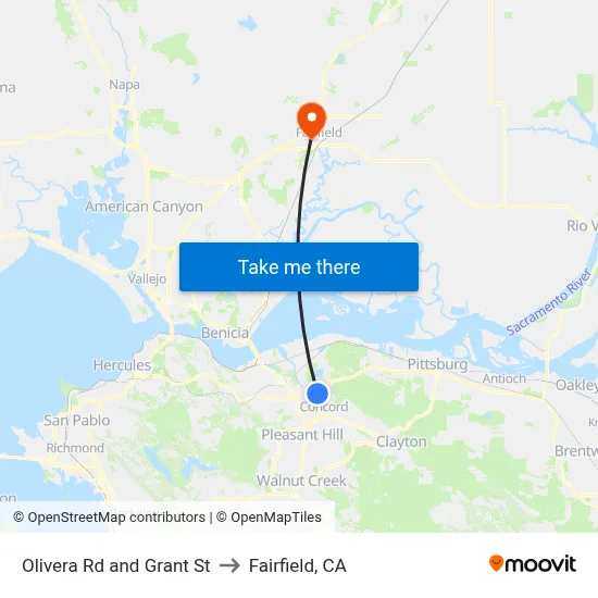 Olivera Rd and Grant St to Fairfield, CA map