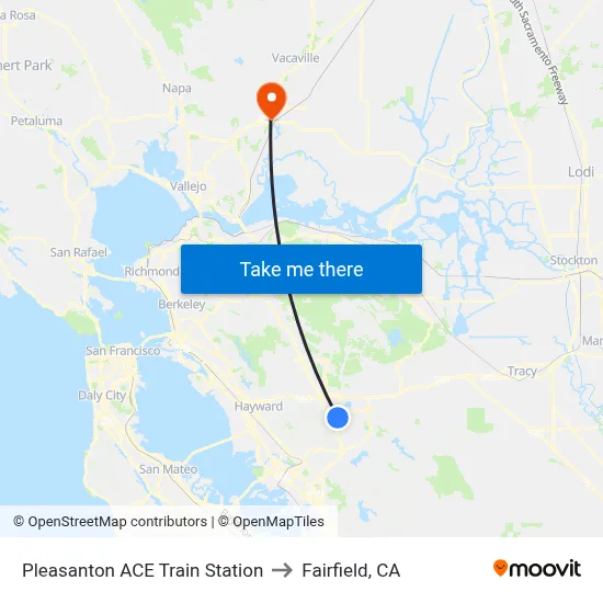 Pleasanton ACE Train Station to Fairfield, CA map