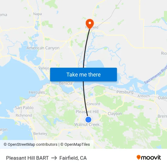 Pleasant Hill BART to Fairfield, CA map