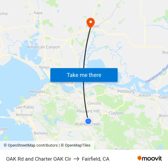 OAK Rd and Charter OAK Cir to Fairfield, CA map